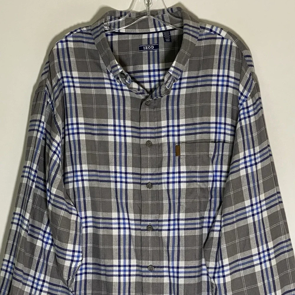 Izod Shirt Mens 2XL Gray Blue Plaid Button Down Casual Cotton Pocket Classic